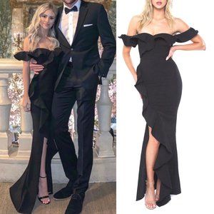 Likely Womens Miller Gown Dress Stretch Off Shoulder Black Formal Ruffle Maxi 0